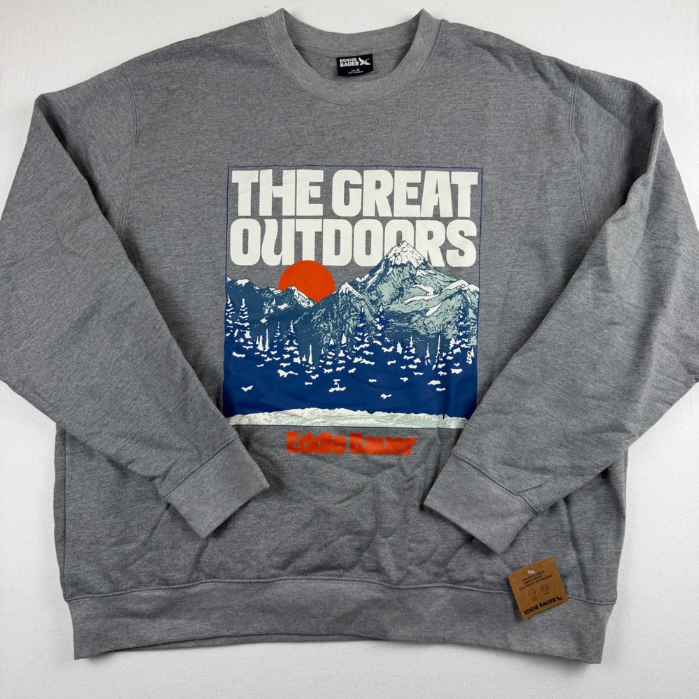 Eddie Bauer Mens XL The Great Outdoors Graphic Crew Sweatshirt Gray New